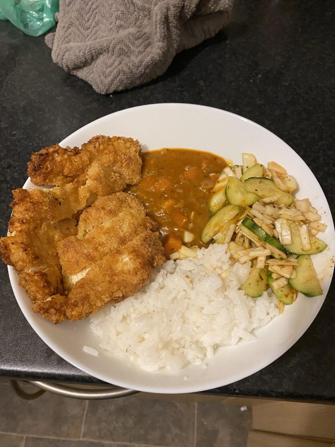 Chicken katsu curry with cucumber and cabbage slaw(spice pack from Lidl)