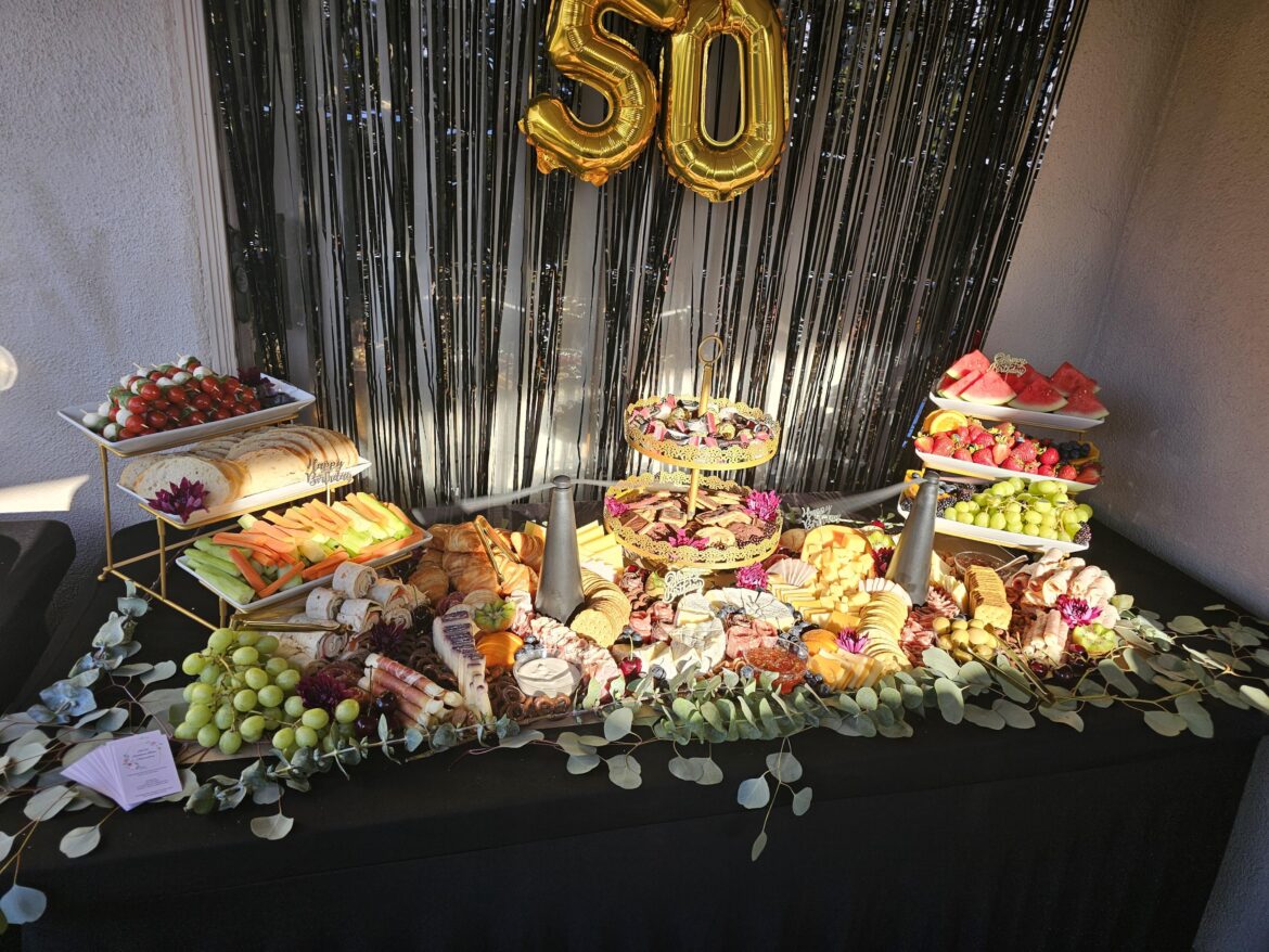 Grazing Table I Did For A "Cheers To 50 Years" Themed Birthday Party!