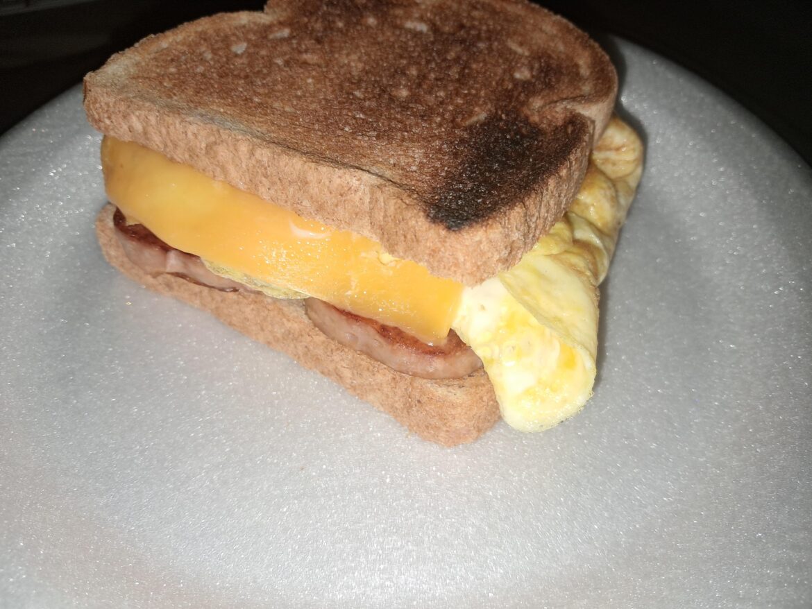Fried spam egg and cheese sandwich
