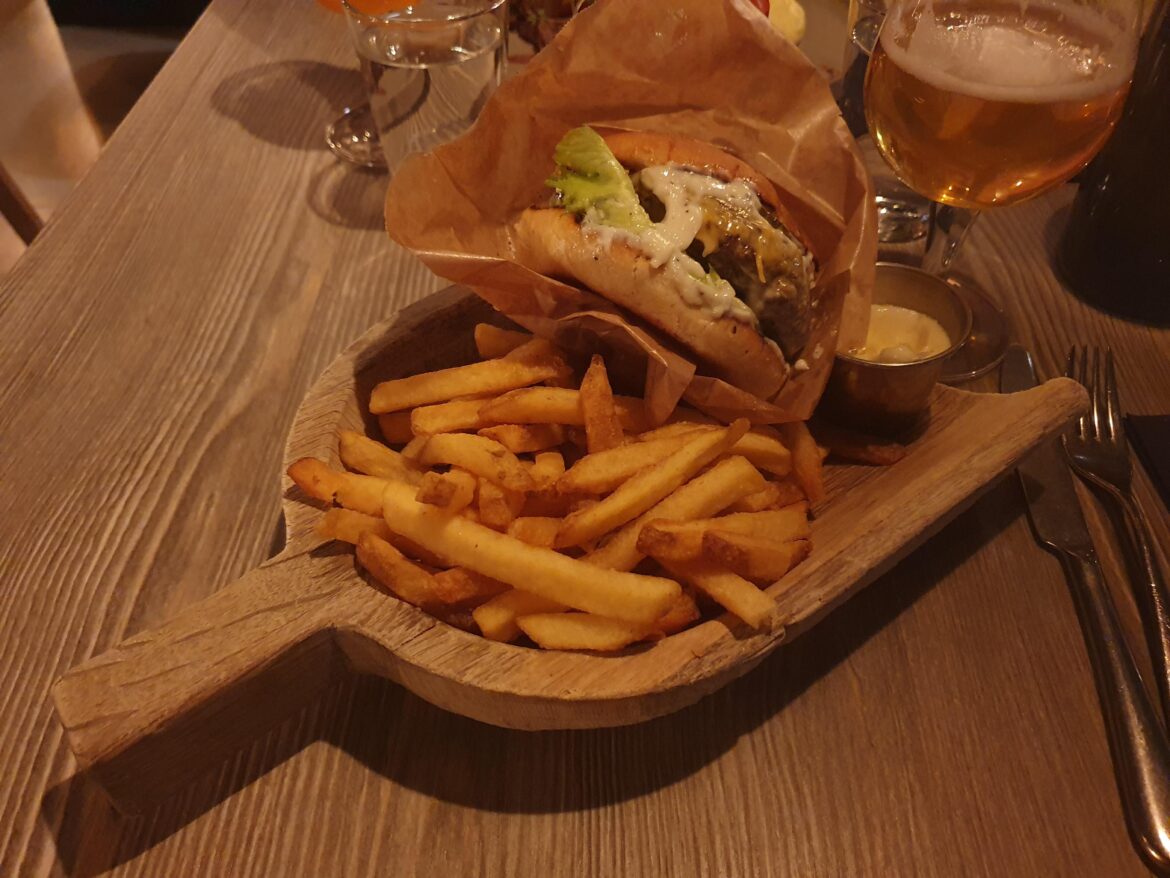 Burger on wooden shovel