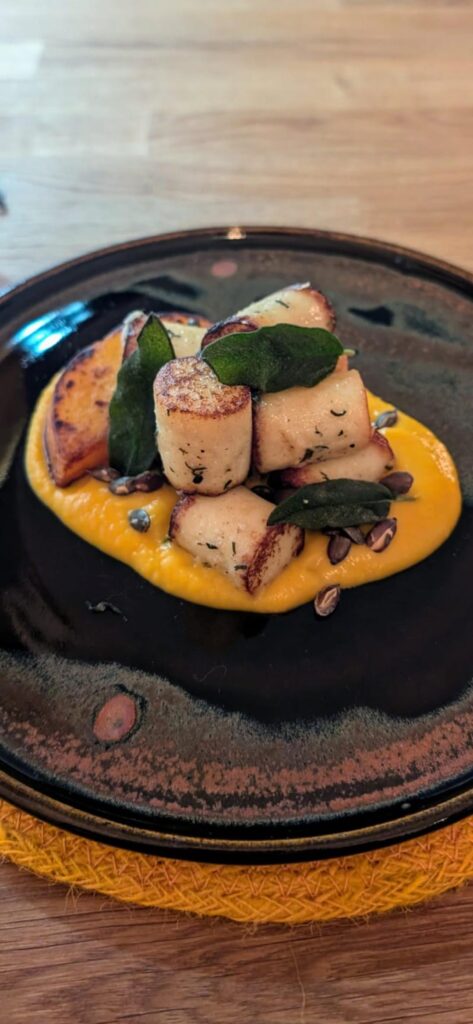 Pan fried gnocchi, butternut squash, sage butter, pumpkin seed
