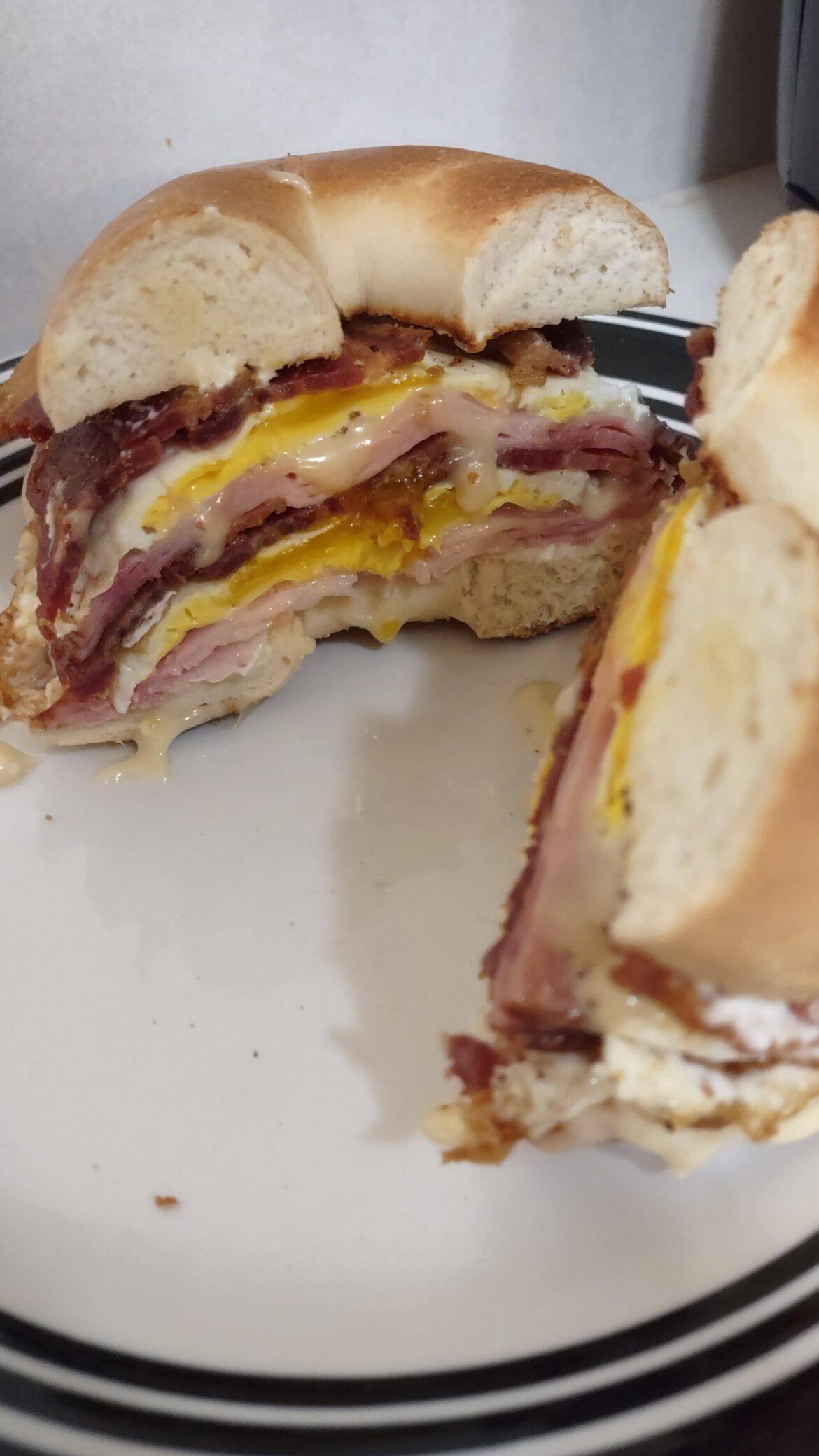 Bacon, ham, egg and provolone on a bagel