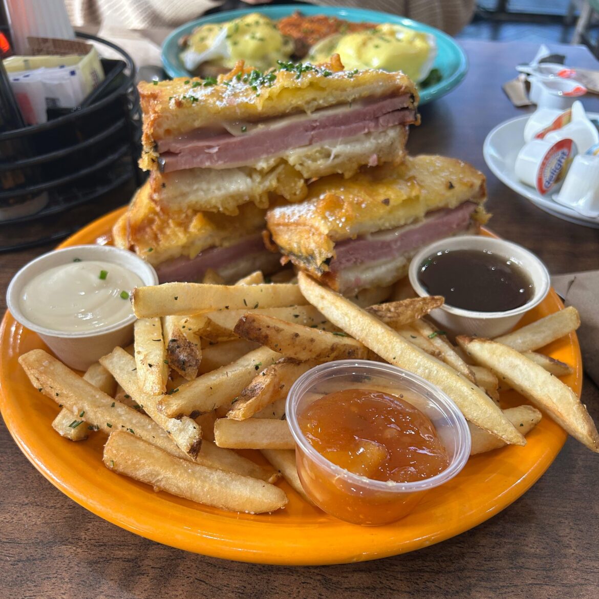Monte Cristo w/ habanero miso maple syrup, seasonal jam, fries, and aioli