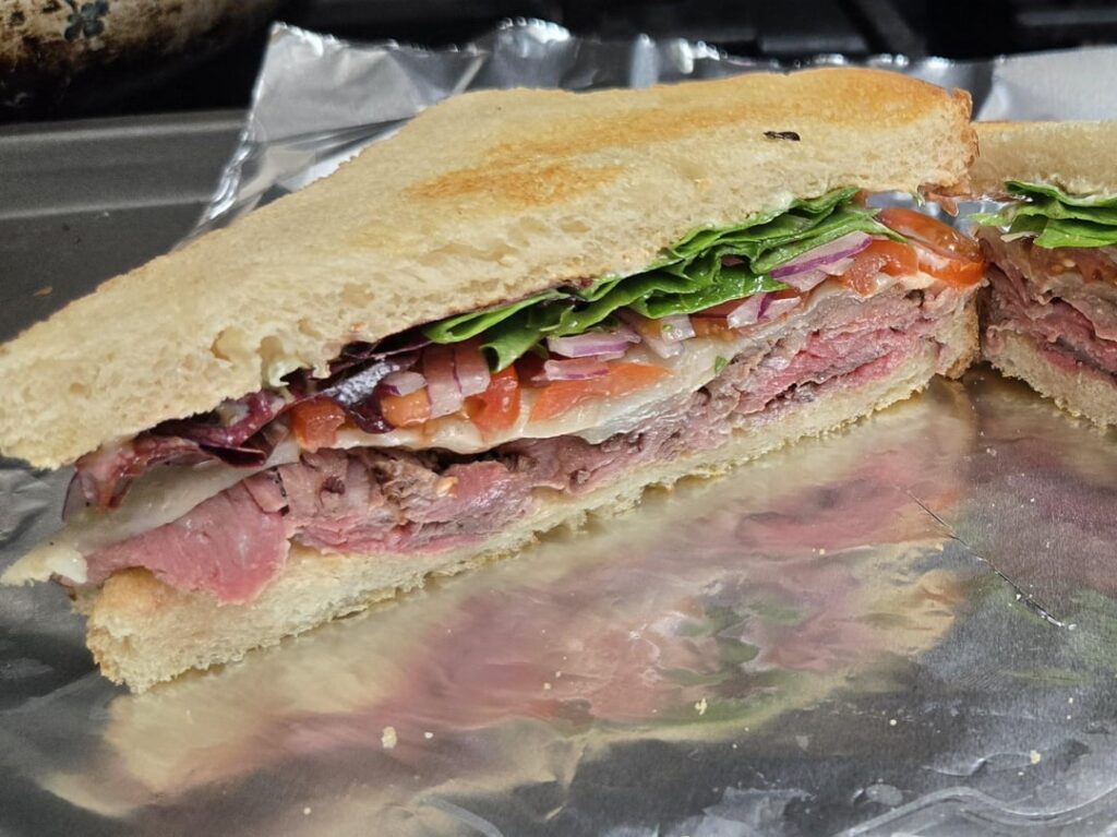 Leftover filet with Swiss on sourdough