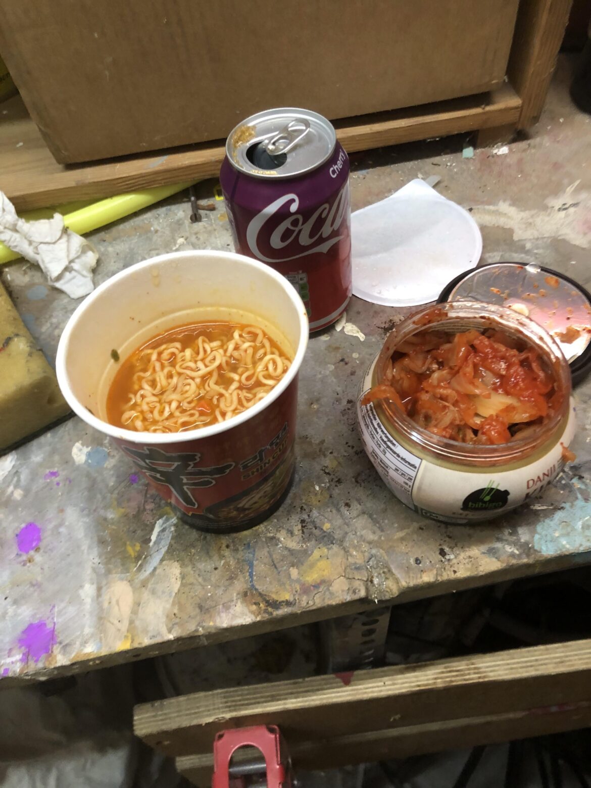 Todays work lunch. Shin ramen, kimchi and a cherry coke.