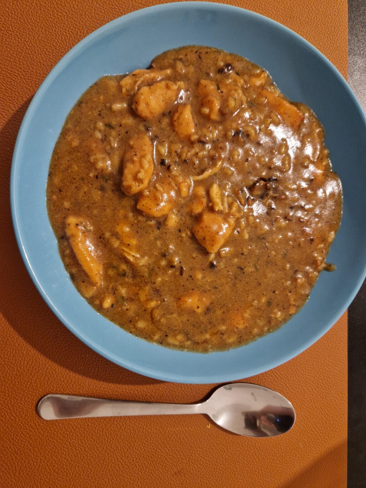 Poultry (Chicken) in mushroom cream soup, this time cooked with rice because it's easier to bring to work like that, but better with potato puree
