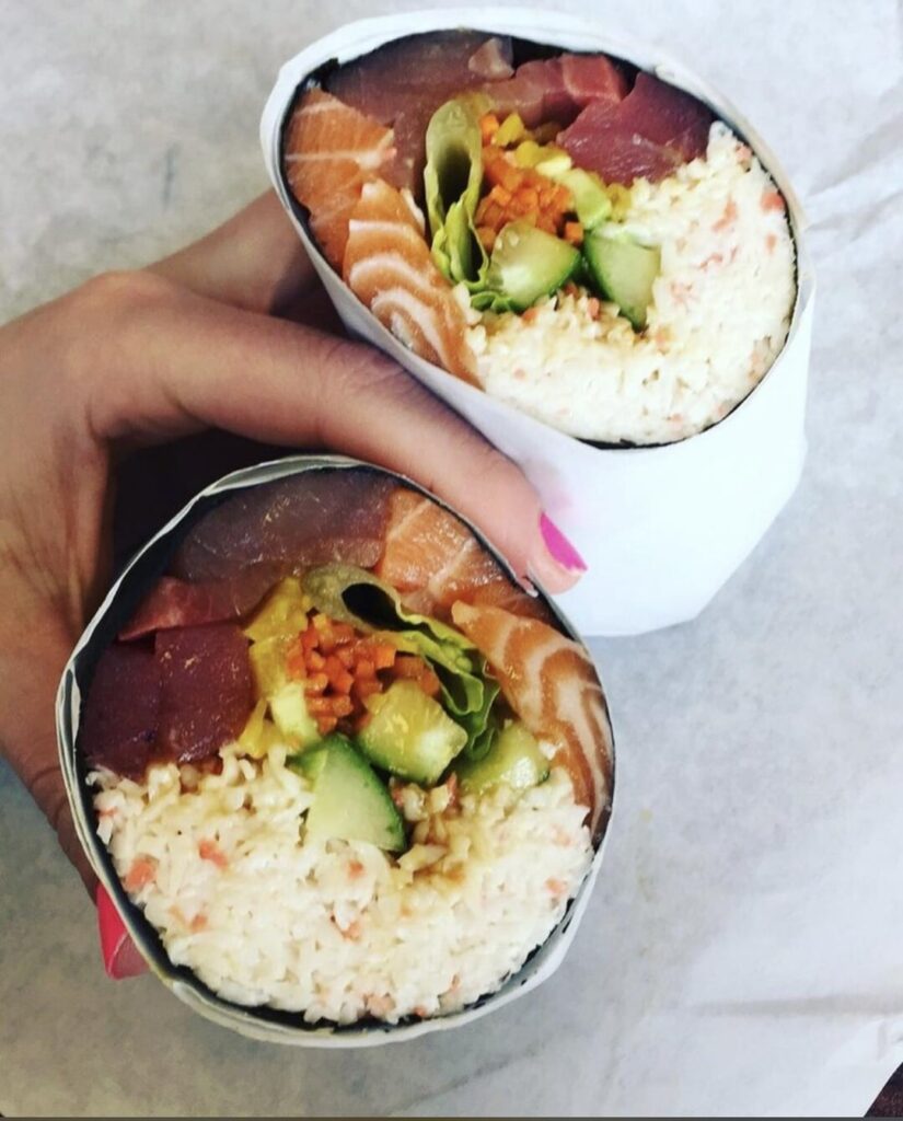 Calories in this rice-less sushi burrito? It has raw tuna, salmon, yellowtail, crab salad, lettuce, cucumber, avocado, pickled daikon and carrot. No sauce.