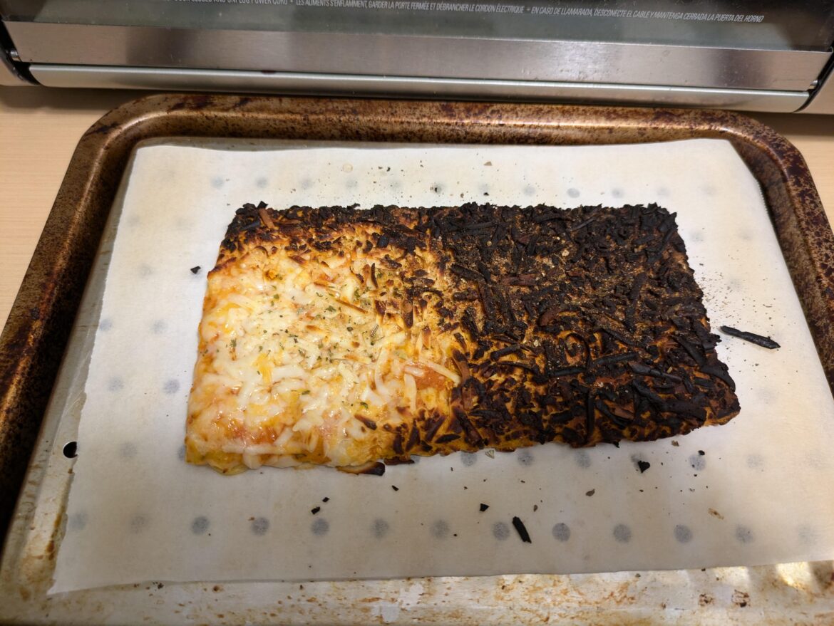 My frozen pizza is about 60% burnt and 40% raw