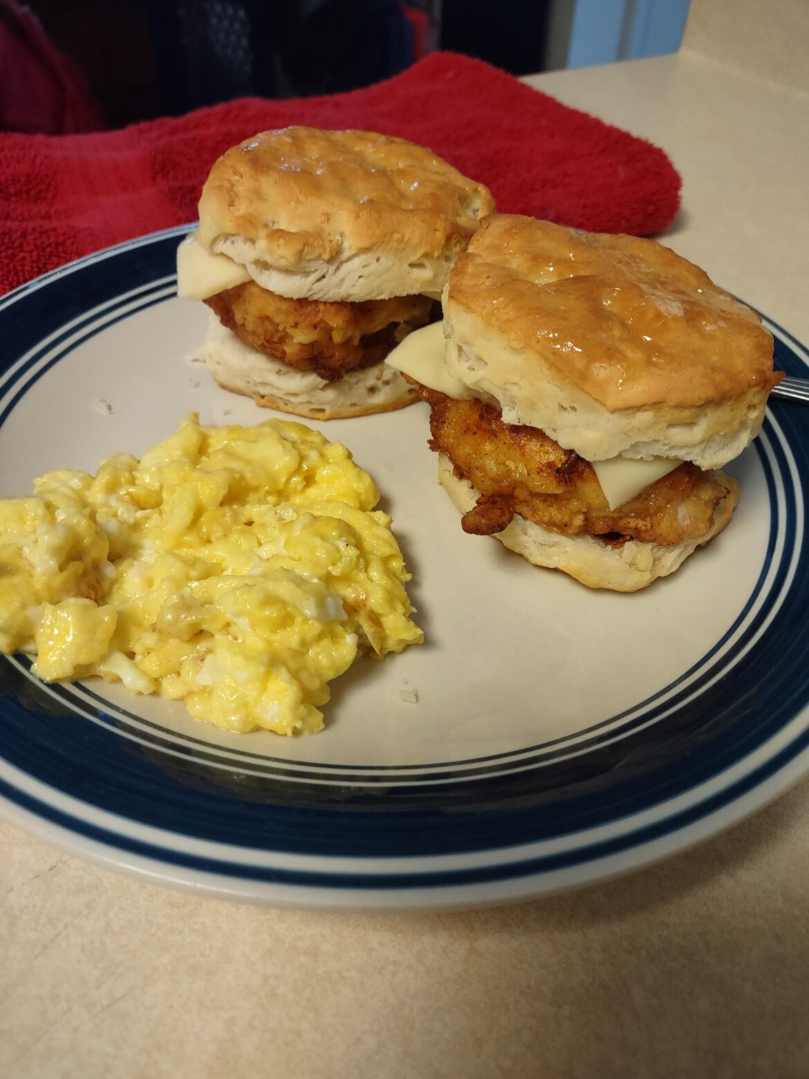 Chicken biscuits and scrambled eggs