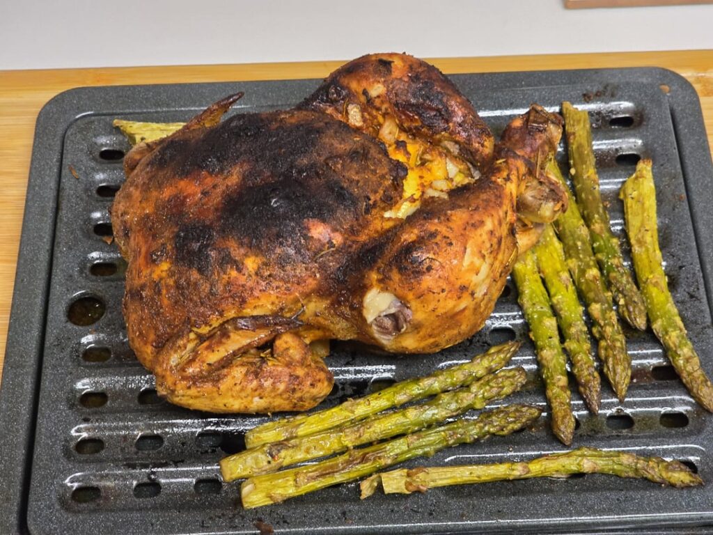 Sous vide whole chicken at 160, finished under the broiler. This meal was so good I can't believe it was legal. My second time doing a whole chicken and I don't remember it being this good.