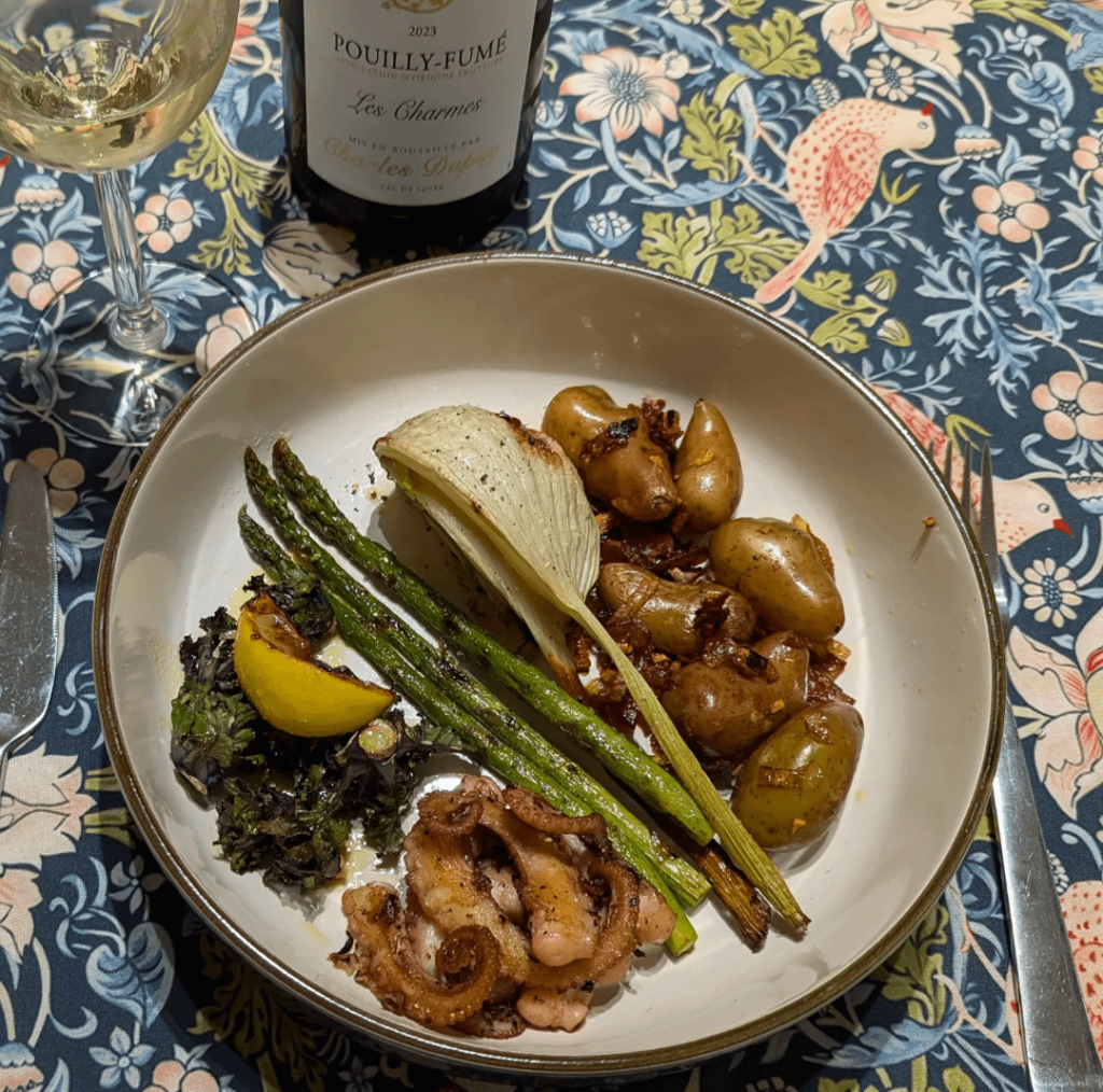 Oysters with mignonette, followed by octopus with pink fir apples, asparagus, roasted fennel and kalettes.