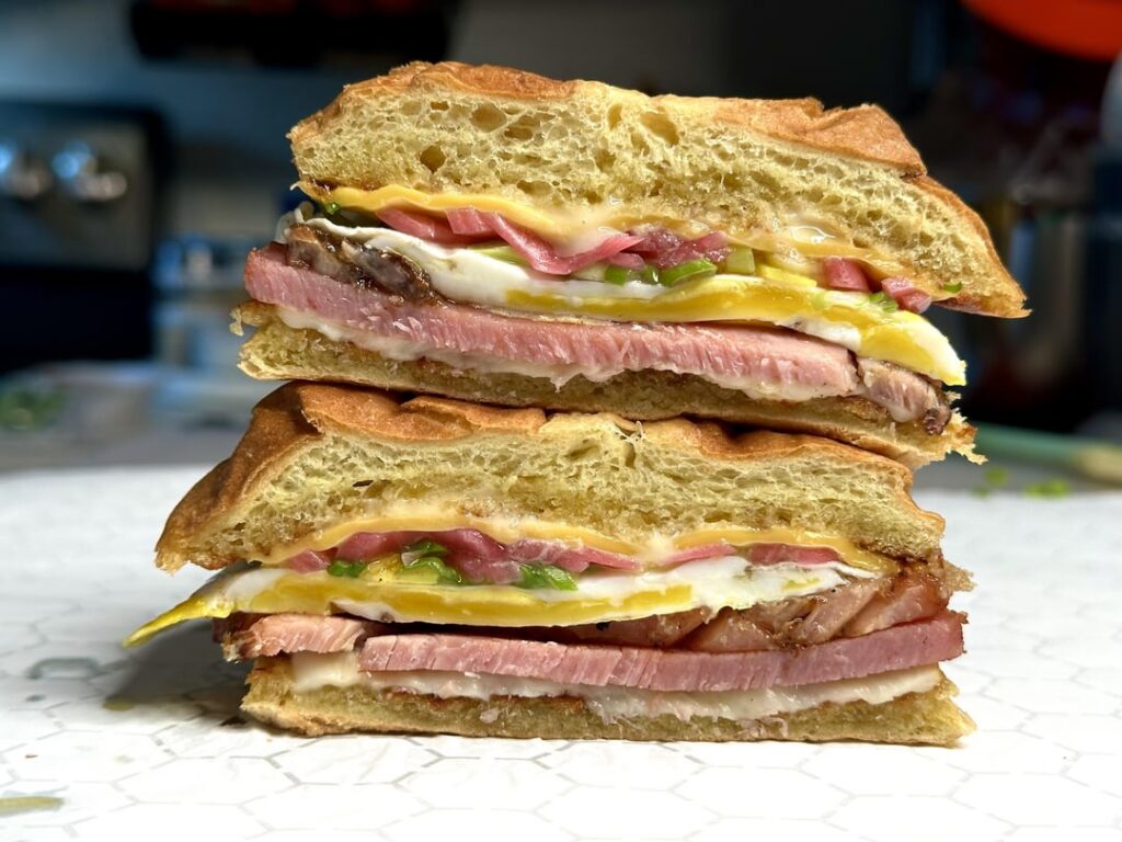 Ham, egg, and cheese breakfast sandwich