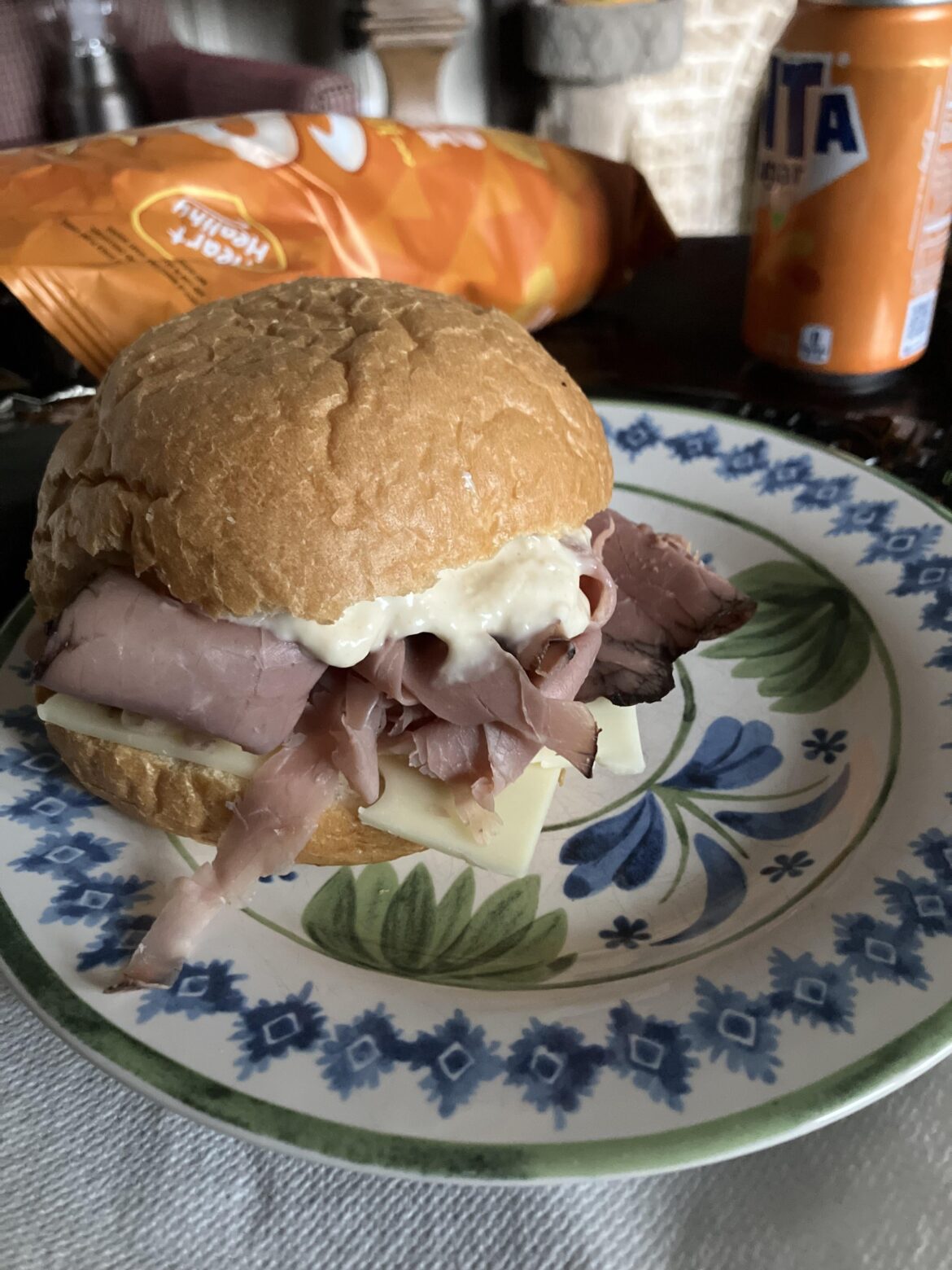 Roast beef, Swiss, and lots of extra hot horseradish sauce.  With some sun chips and a Fanta zero