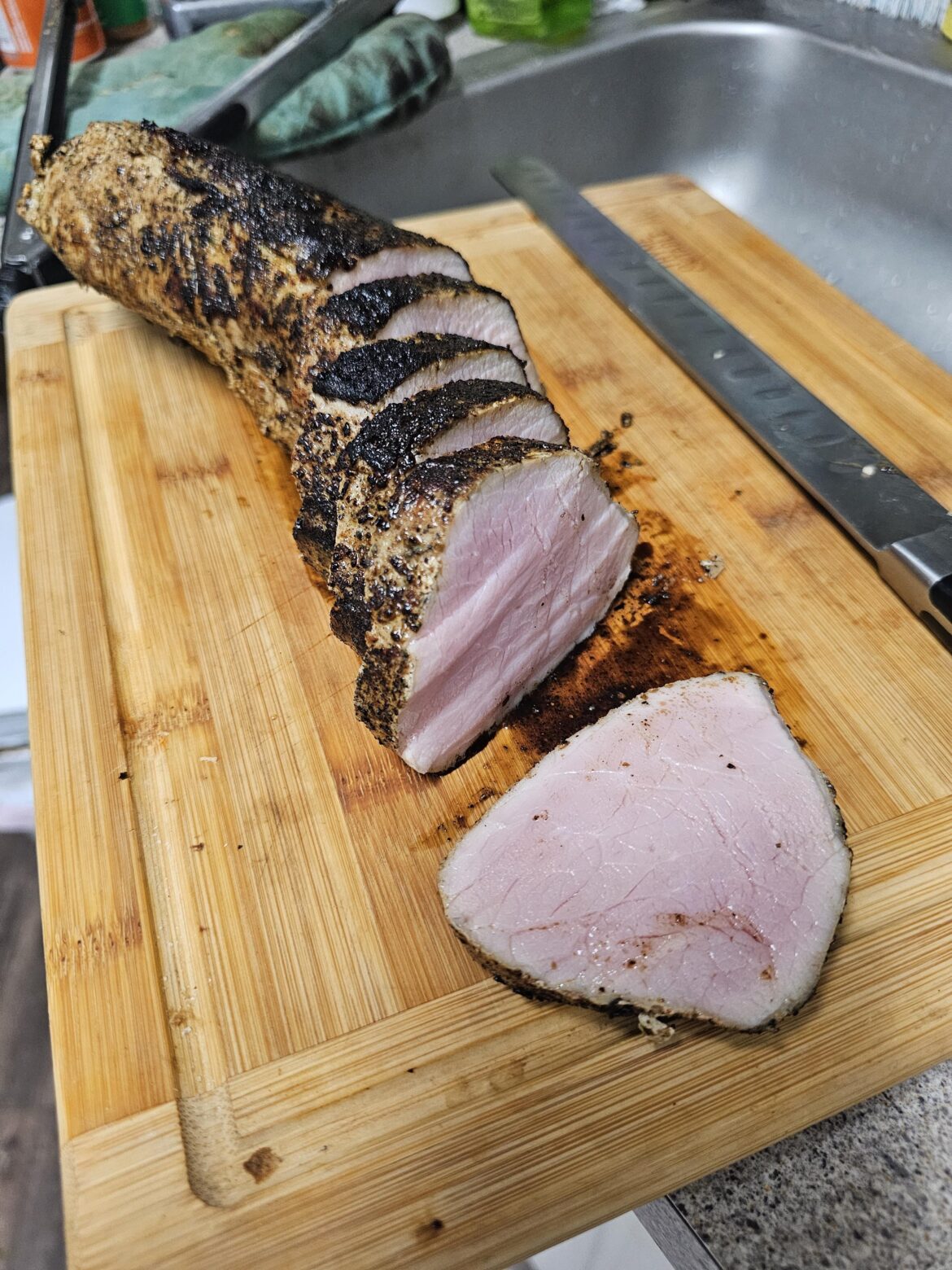 Not the greatest crust this go around, but the doneness was perfect on my Christmas Eve tenderloin. 130F, 2.5 hours.