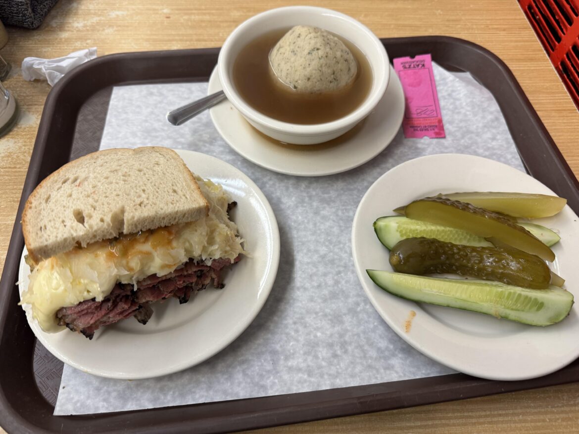 [i ate] 1/2 pastrami Reuben, matzoh ball soup, and pickles from Katz’s Deli in New York