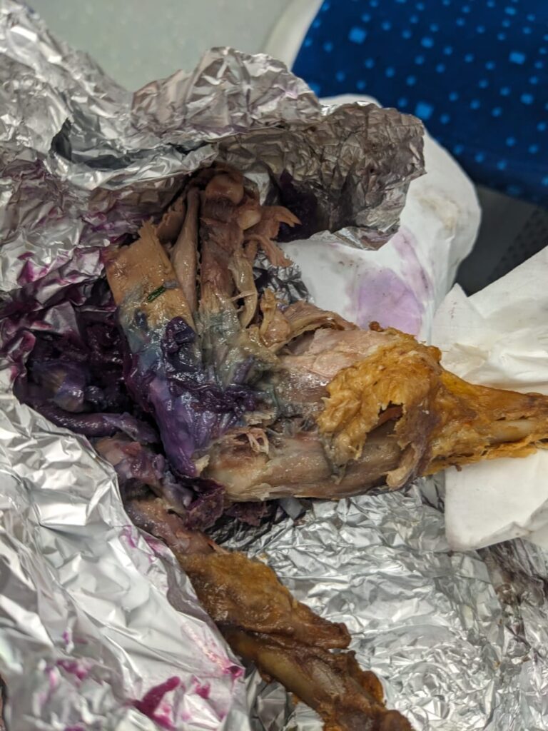 I had duck leftovers together with some red cabbage. It looked like this after 3 hours. Still tasted great and i ate it drunk on the train.