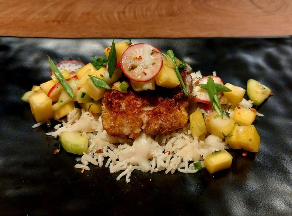 Crispy Coconut Lime Fish with Mango-Radish Salsa, Coconut Rice & Lime Coconut Sauce