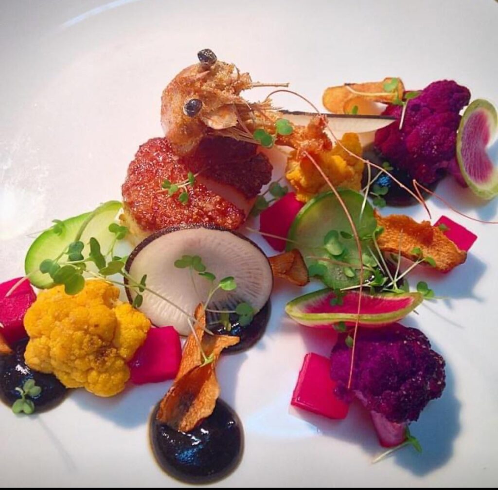 10 years ago, seared scallop and fried prawn.