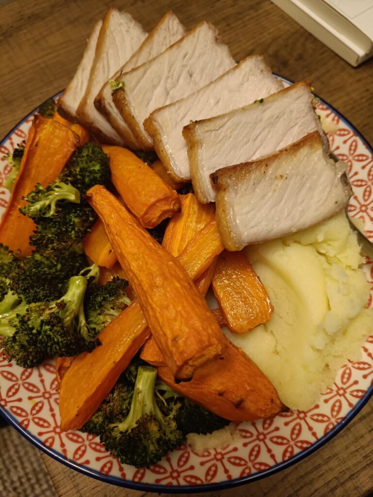 Pork, mash and roasted veg