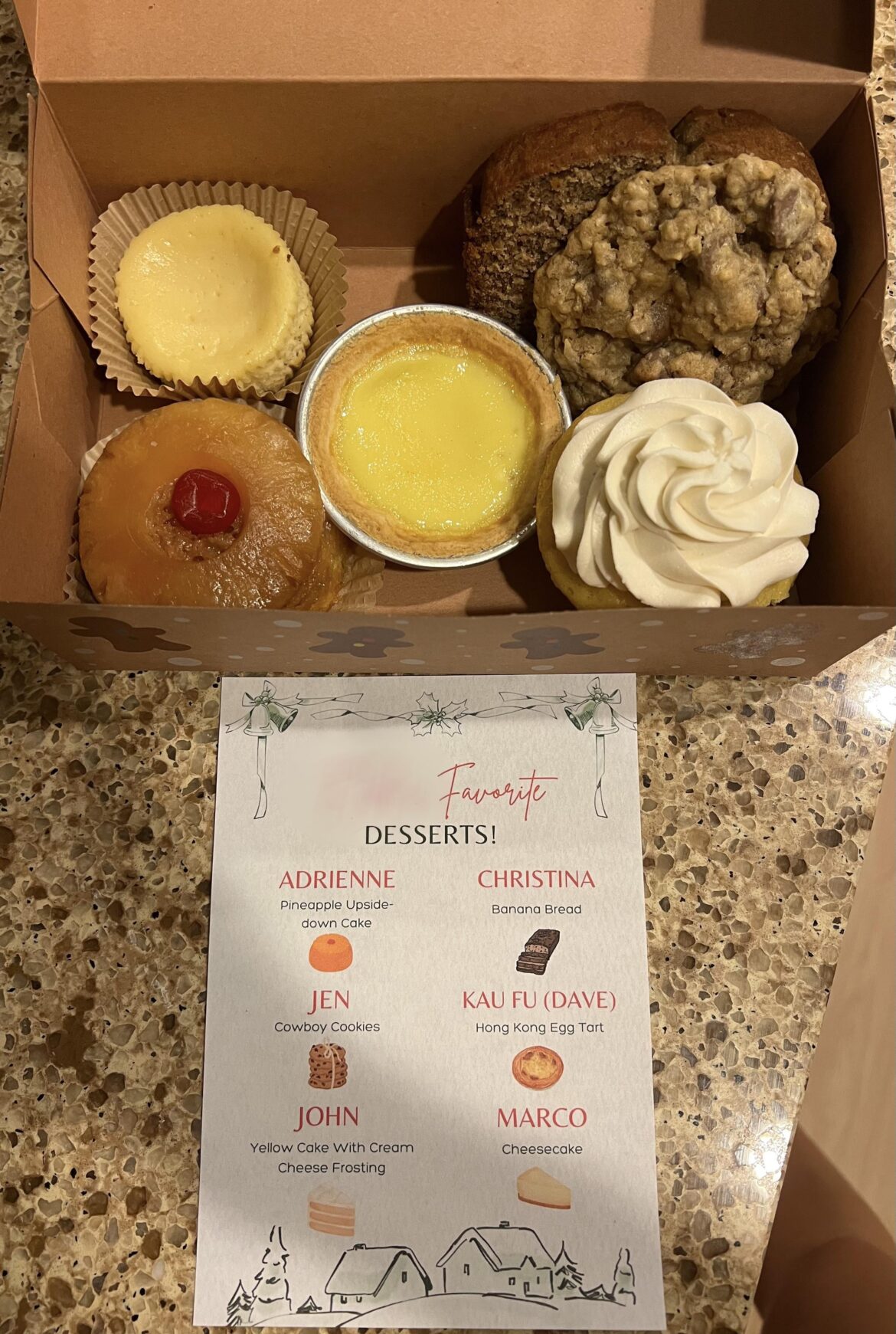 I made sampler boxes of everyone’s favorite desserts at work for their Christmas gifts!