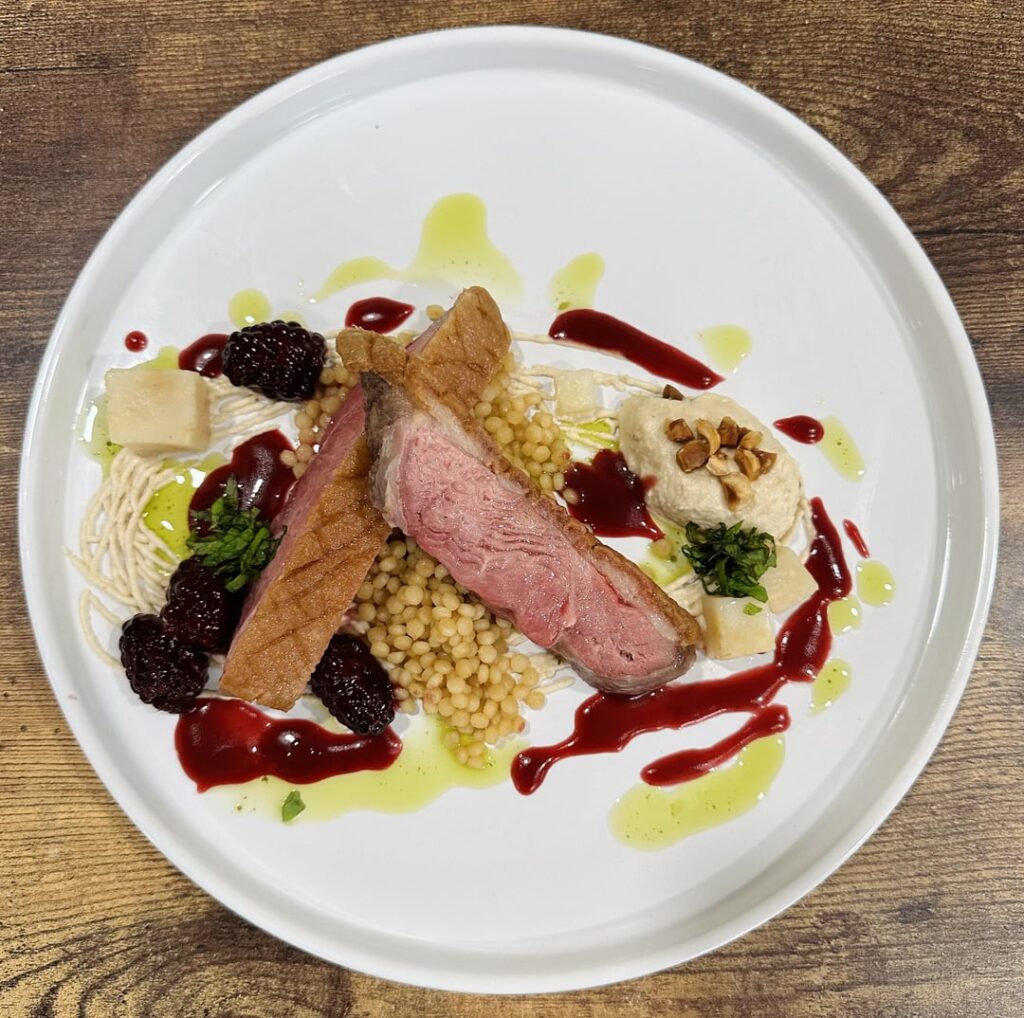 Duck breast, blackberry gastrique, hazelnut celeriac purée, pearl cous cous, mint oil (v2)