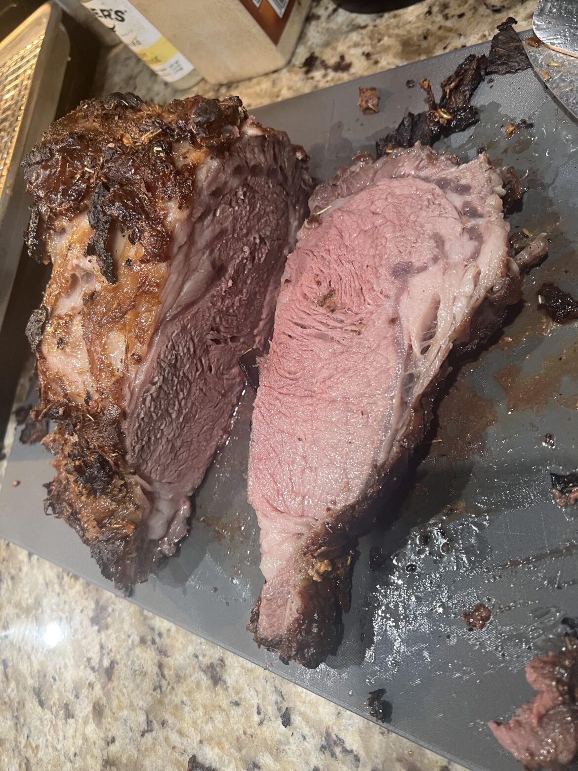 Wife made Christmas prime rib, reverse seared with a Dijon mustard rub