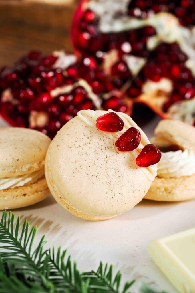 White chocolate pomegranate macarons