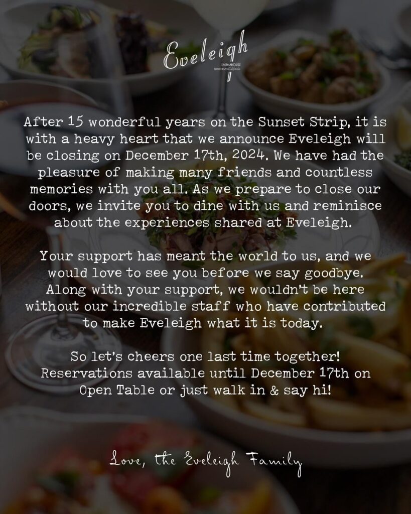 The Eveleigh on the Sunset Strip is closing