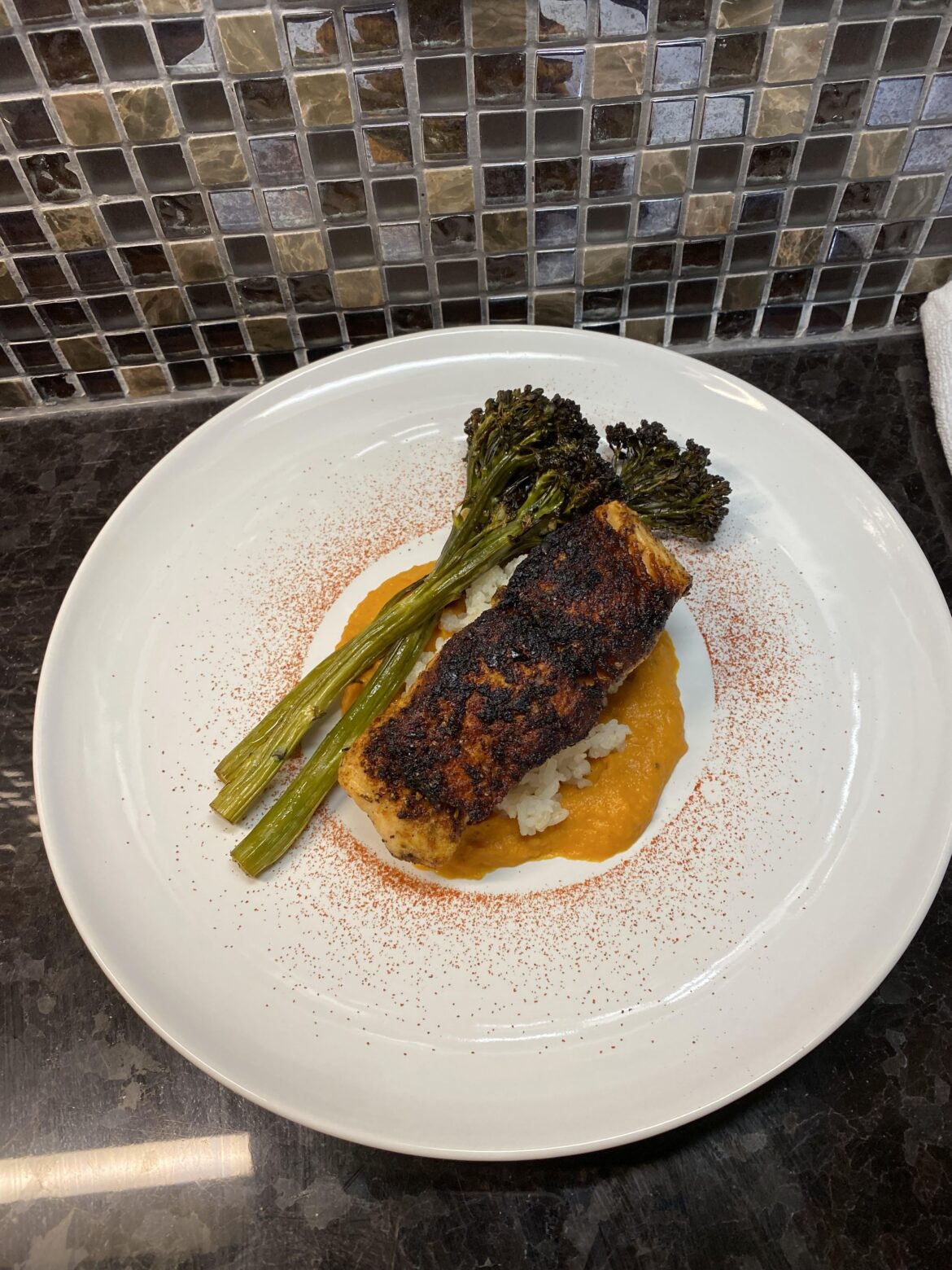 Pan Fried Salmon w/ Sweet Potato Puree, Rice, and Broccolini