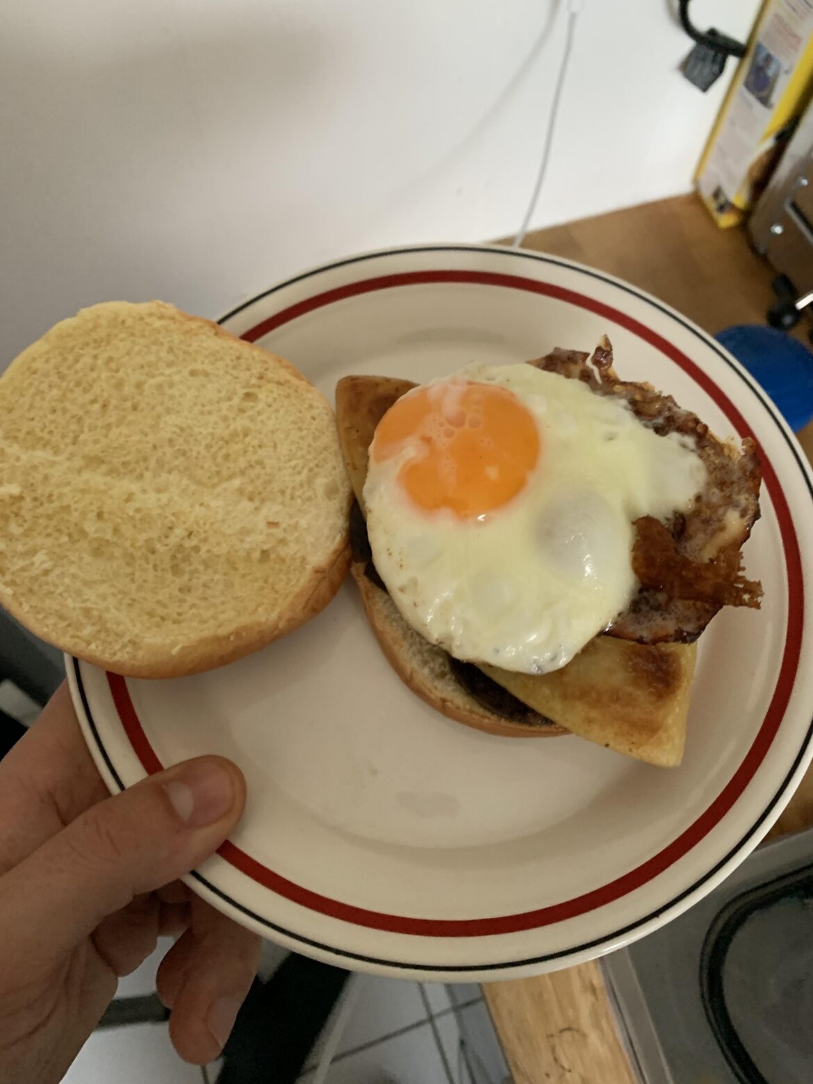 Fried egg, black pudding and potato scone bun