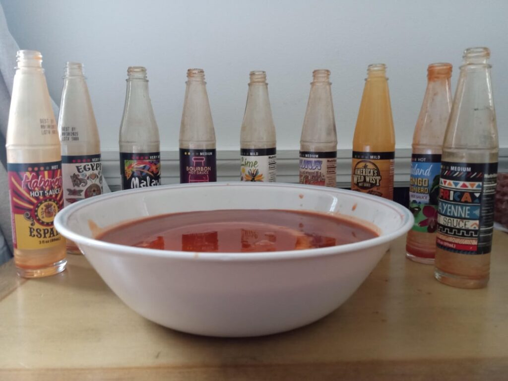 I mixed all the hot sauces from one of those cheap "passport" packs into one. I call it the "International Flight".