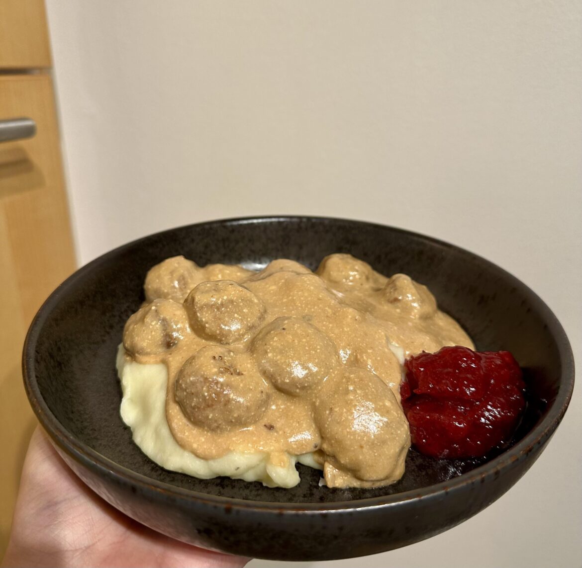 Comfort dish. Swedish meatballs with mashed potatoes and Lingonberry