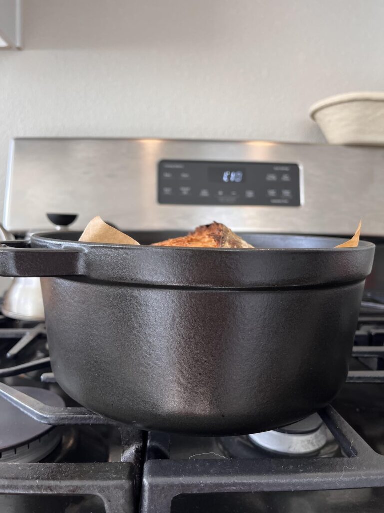When the top of the loaf is taller than the top of the pot :) When the top of the loaf is taller than the top of the pot :)