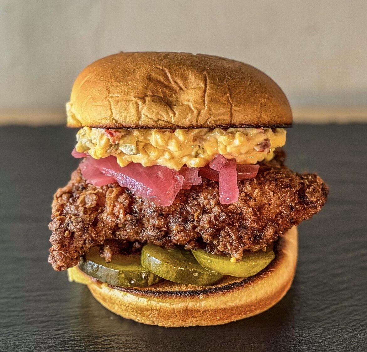 Pimento cheese, pickled onions, sweet pickle slices