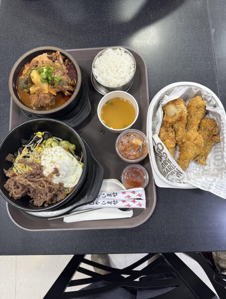 Pork neck bone soup, bibimbap, fried chicken drumsticks & tuna kimbap at Galleria Supermarket in Toronto