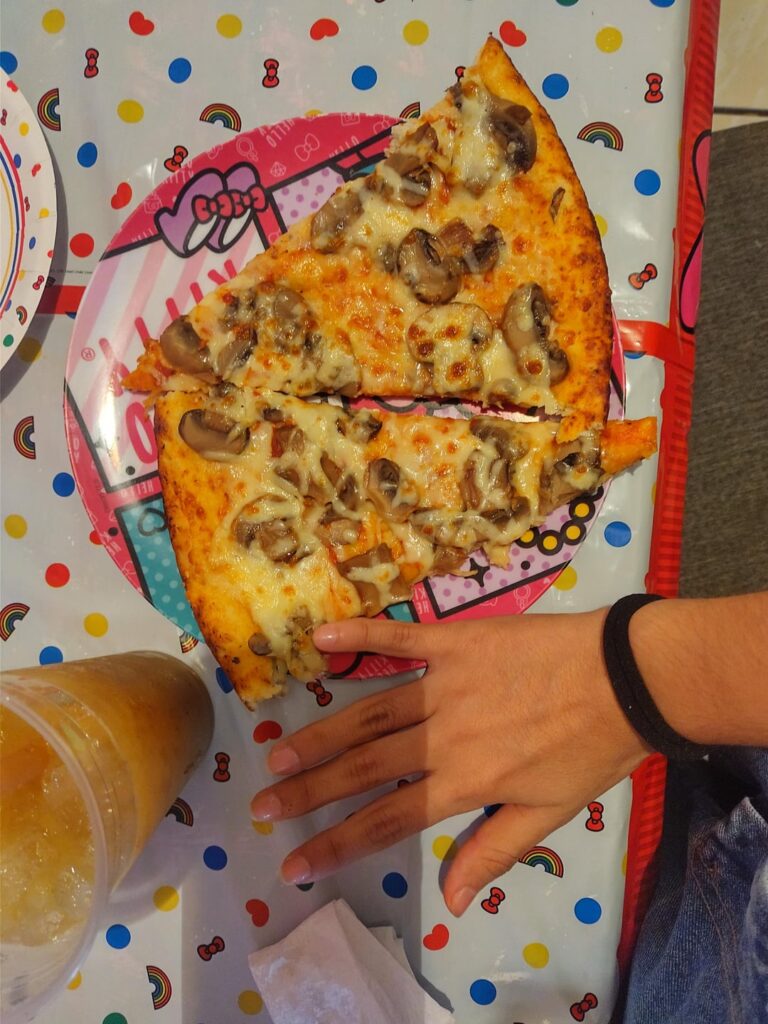 Estimate of the calories in these mushroom pizza slices? The dough is regular and the diameter of the plate is about 23 cm.