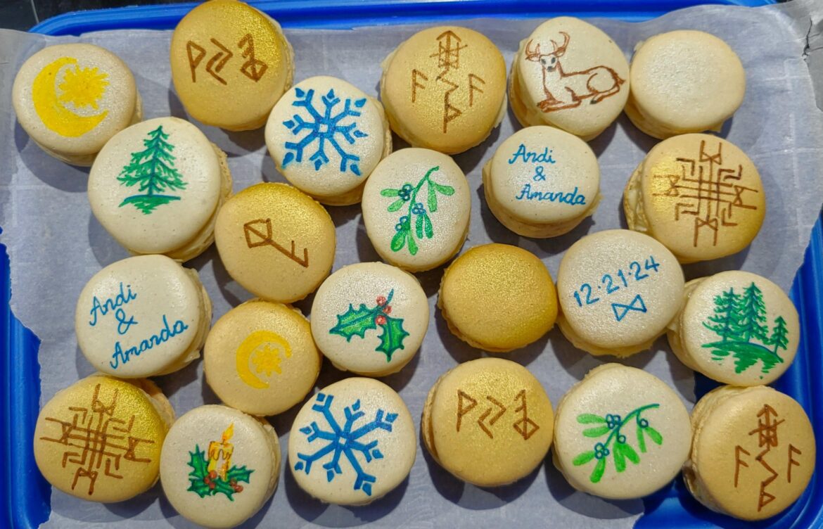 My sibling is getting is having a small wedding in the woods for on the winter solstice next Saturday and I made some macarons.