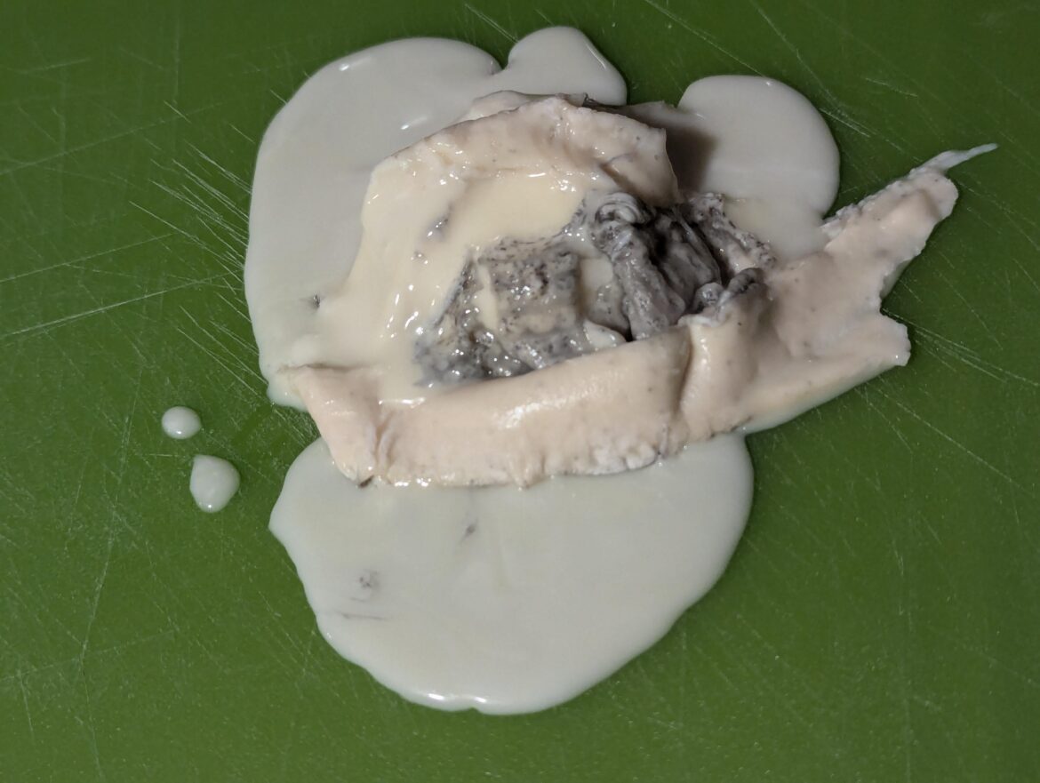 I was just trying to take the chill off in the microwave. Bonne Bouche ash-ripened goat.