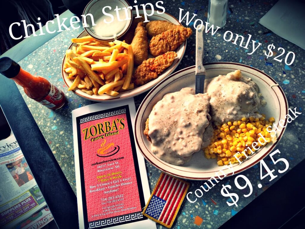 Eating super cheap 😀, Classic Downriver 24 hours diner, both with Soup or Salad. Zorbas Riverview