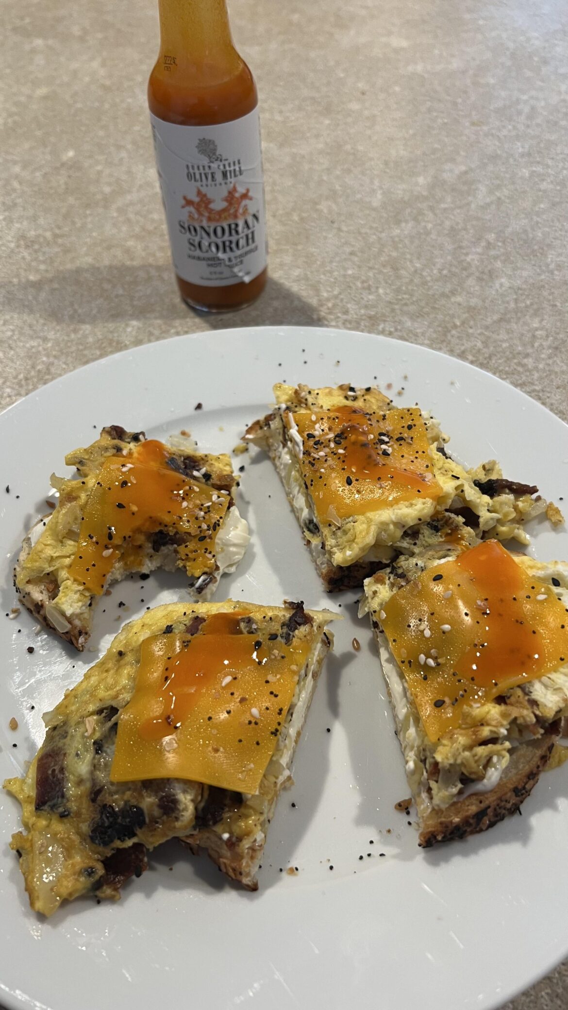 Open faced bacon egg and chee