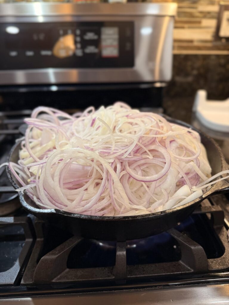 3 pounds of onions, 1 pound of shallots, 2.5 hours later..