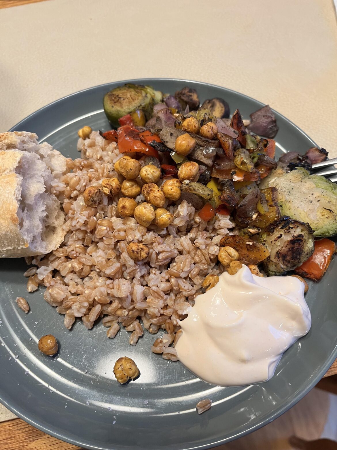 Farro and roasted veggies dinner