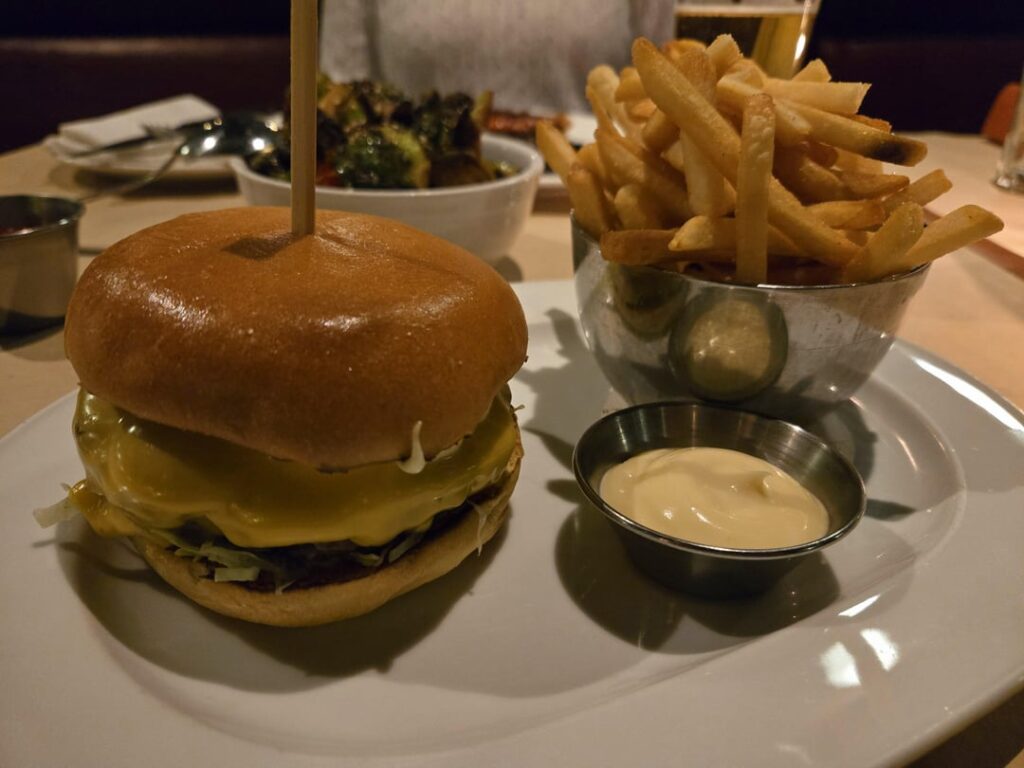 Cheeseburger & Fries, Rainbow Trout and Crispy Brussel Sprouts from Maple Leaf Tavern