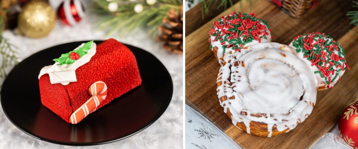 On the left, a red Yule log cake with festive decorations. On the right, very merry Mickey Mouse-shaped cinnamon rolls, topped with icing and red and green sprinkles.
