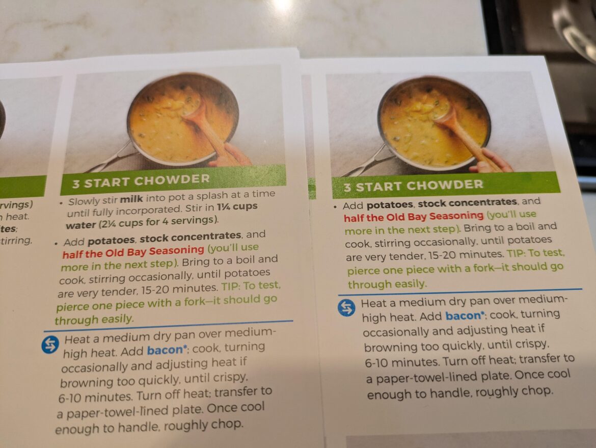 Same recipe (Corn chowder) but the more recent version (right) was missing a pretty crucial part to step 3. Glad we had an old version handy.