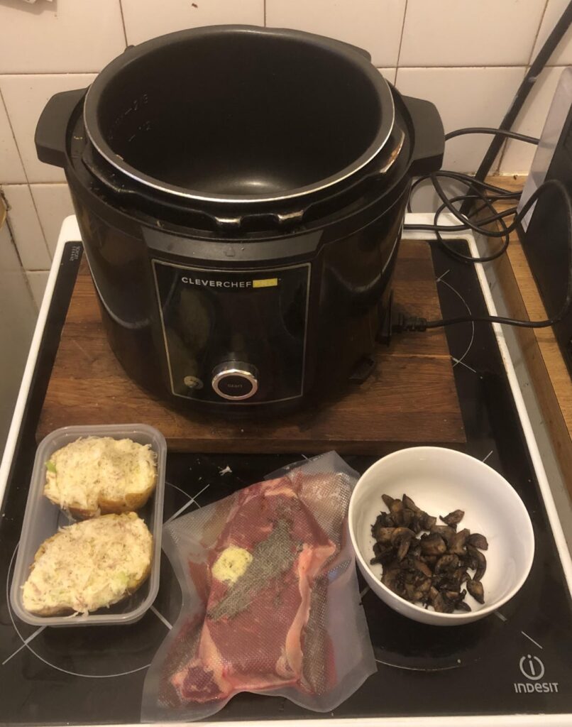 Todays dinner prepped and ready. Sous vide rump steak, stuffed jacket potato, mushroom and pepper corn sauce. I’m not sure if il have broccoli or asparagus with it.