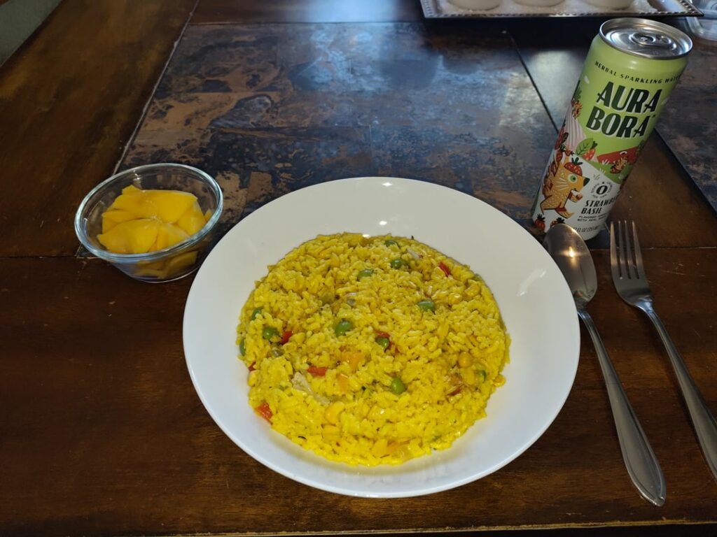 Homemade Fried Curry Veggie Rice & fresh mangos for lunch today