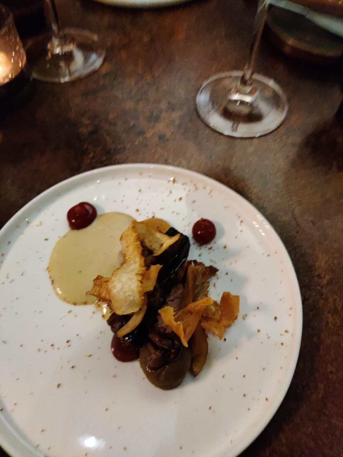 Roasted Belgian endines served red beets and a garlic sauce.