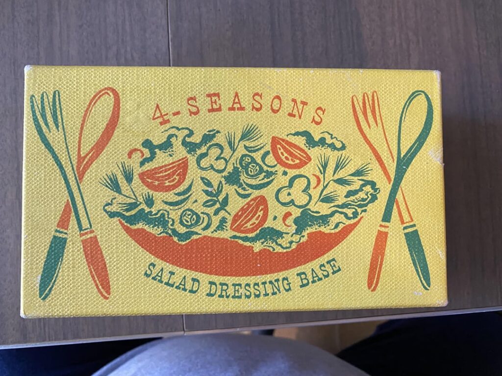 This was found at my Grandparents house. Any ideas what kind of recipe or salad dressing product was in this? Google was no help. The box is 4.25" wide, 7.25" long, 3" tall.