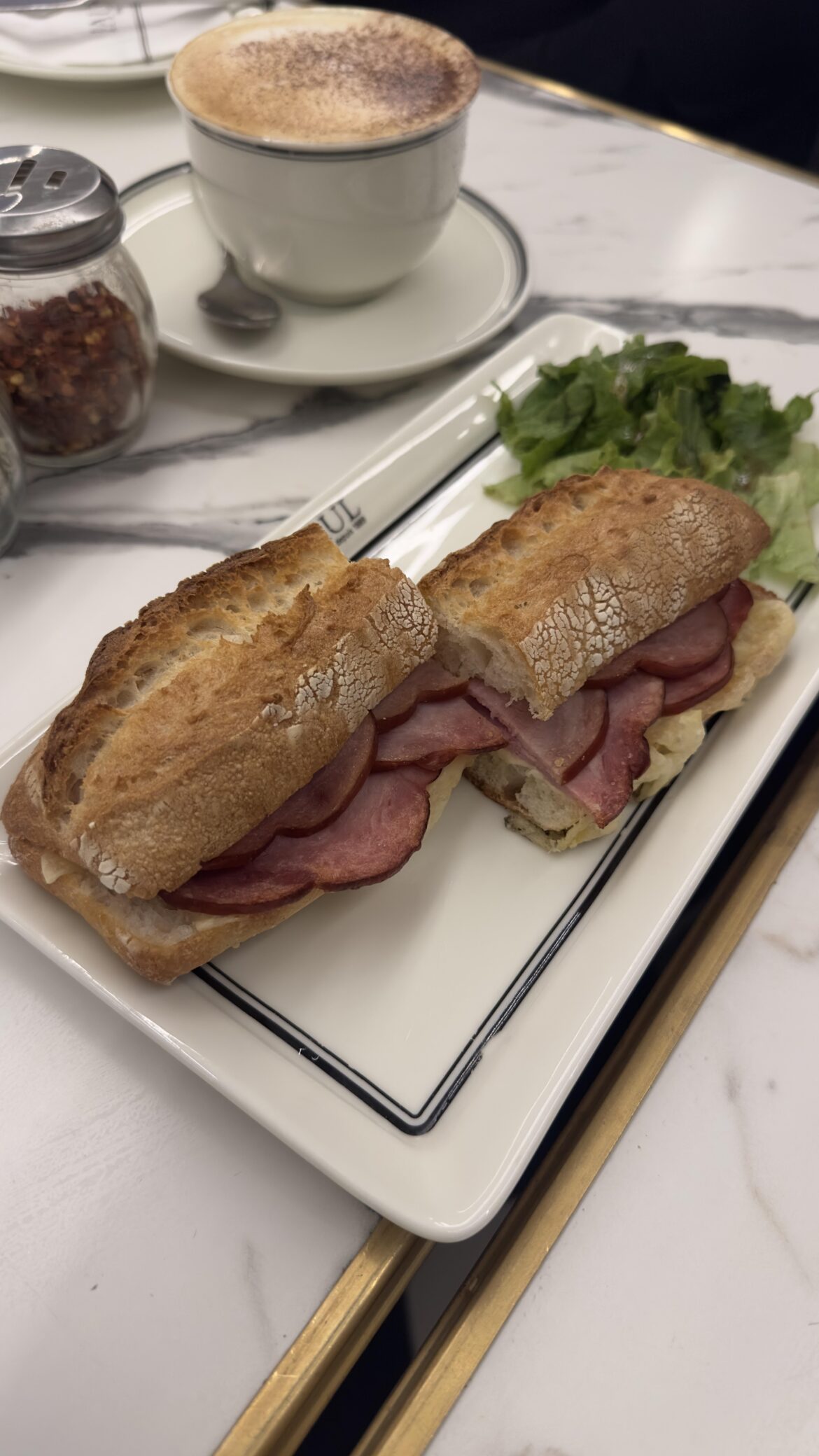 Today I ate Ham and cheese baguette sandwich with latte